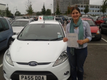 Megan Mitchell proudly holding her Pass Certificate after passing her test today. A brilliant drive which Salvina enjoyed with a 